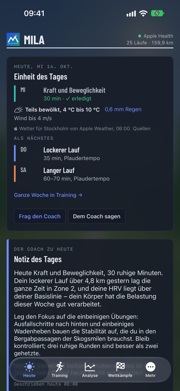 Heute in Mila mit der Notiz des Coachs